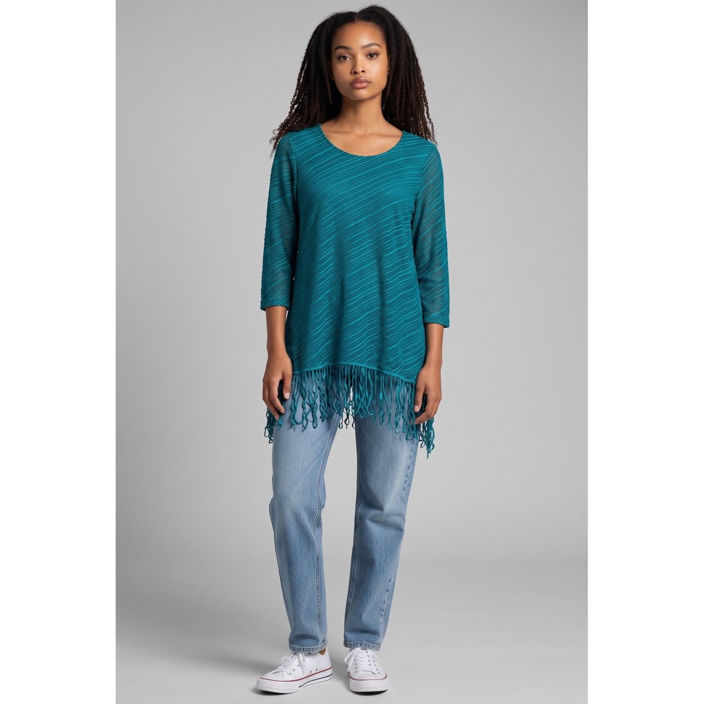 Multiples Womens Teal Blue Mesh Fringe Tunic Top 3/4 Sleeve Lined Size Large